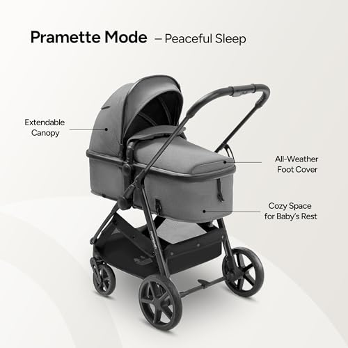 Image of Mompush Wiz 2 in 1 Baby Stroller with Infant Pramette Mode, One Hand Fold Convertible Newborn to Toddler Stroller with Reversible Seat and Large UPF 50+ Canopy