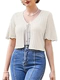 Belle Poque Women's Lightweight Ivory Shrug Top Tie Front Cardigan Open Front Tops Knit Bolero Sweater Tops Small