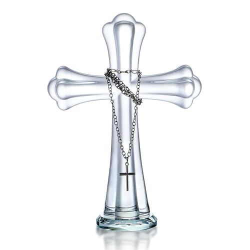 H&D HYALINE & DORA Cruz de cristal transparente de pie, figura de cruz sagrada de cristal para oración de iglesia, decoración del hogar, adorno de cruz de cristal para oración, conmemoración, regalos