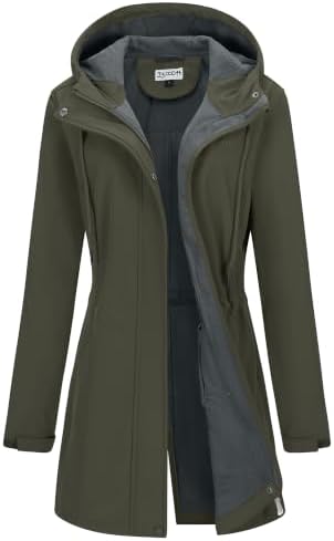 33,000ft Damen Leichte Wasserdichte Softshell Regenjacke Lange Funktionsjacke Übergangsjacke Windjacke Atmungsaktive Regenparka mit Kapuze Regenmantel für Wandern Laufen Sporten