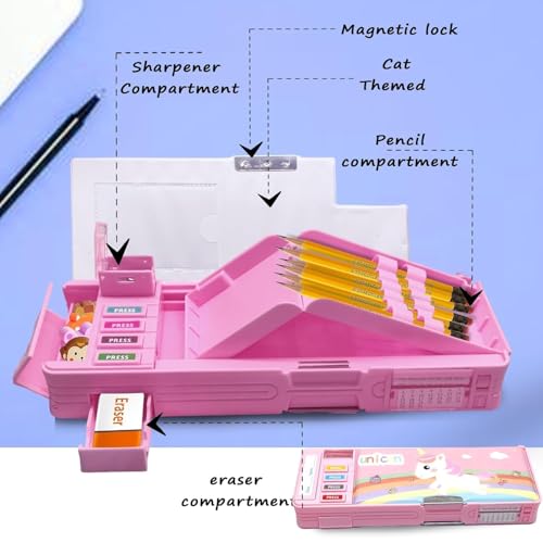 Image of Plastic Multifunctional Cute Unicorn School Pencil Box for Girls - Multi Compartment Button Operated Unicorn Compass Box, Stationary Items- Pencil Case & Geometry Box for Kids, Pink