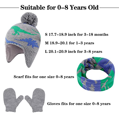 Image of ACTLATI Winter Dinosaur Boy Winter Hat Scarf Mittens Set Warm Beanies Earflap Fleece Pompom Lining Cap for Toddler Kids