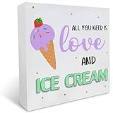 FixeLLD Rustic All You Need is Love and Ice Cream Wood Box Sign, Farmhouse Ice Cream Artwork Decor, Ice Cream Lover Wood Square Sign Desk Block Signs Summer Home Shelf Decoration 5x5 Inches