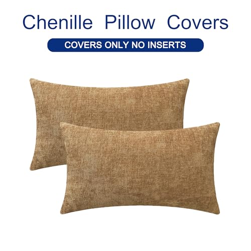 Image of CaliTime Throw Pillow Covers Decorative 16 X 26 Inches Pack of 2 Cozy Chenille Cushion Cases for Couch Sofa Bed Living Room Home Apricot Brown