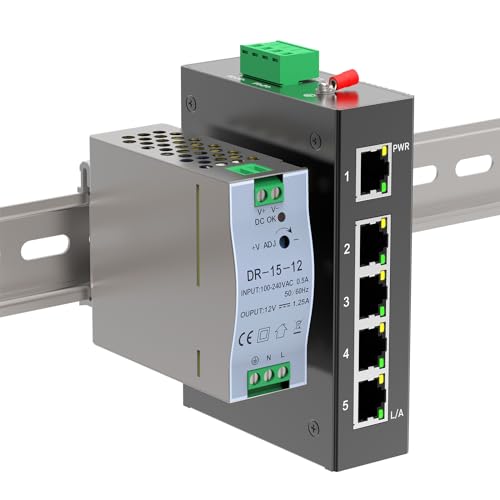 GoodTop 5 Port 100Mb Unmanaged Industrial Switch with DIN Rail 15W Power Supply,10/100Mbps Fast Ethernet,IP40,4KV Lightning Protection,Operating Temperature Range -40° – 80°C DIN Rail Network Switch by GoodTop - Used condition - US$30.39