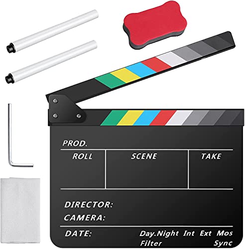 Temery Filmklappe, 30X25cm Regieklappe Synchronklappe Clapperboard mit 2 Pinsel, Leicht Abzuwischender Acryl-Clapper für Film TV-Serien Werbespots Studio und Andere Videoaufnahmen (Schwarz) Cover