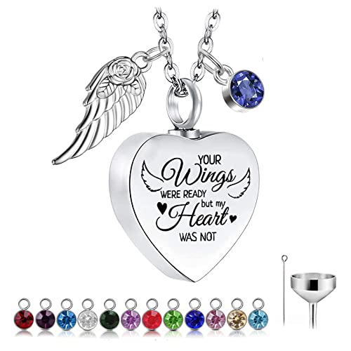 Cremation Heart Urn Necklace for Ashes for Women with 12 Birthstones, Cremation Ashes Jewelry Keepsake with Angel Wing - Your Wings were Ready, But My Heart was Not …