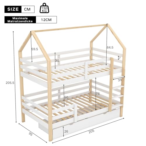 Merax Litera de 90 x 200 cm, litera con Escalera y cajones Grandes para 2 niños con protección contra caídas y 2 somier, Cama Infantil de Pino, Cama de Matrimonio, Color Madera y Blanco - imagen 2