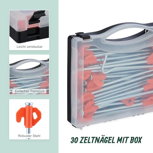 Relaxdays Felsbodenhering, 30er Set, für Harte Böden, 20,5 cm, mit Box & Heringzieher, Stahl, Zeltheringe, Silber/orange