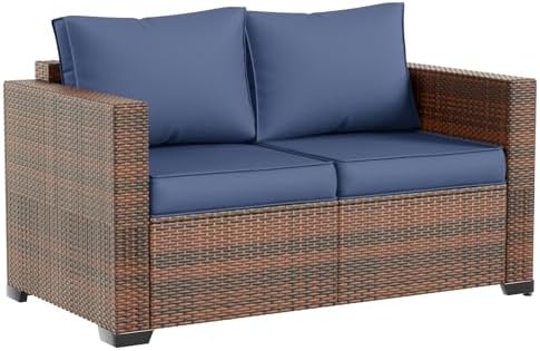 Amopatio Outdoor loveseat Furniture 2-Seat Wicker Patio Love seat, Small Patio loveseat with Water-Resistant Cover & Non-Slip Cushions, Premium Patio Set, Blue