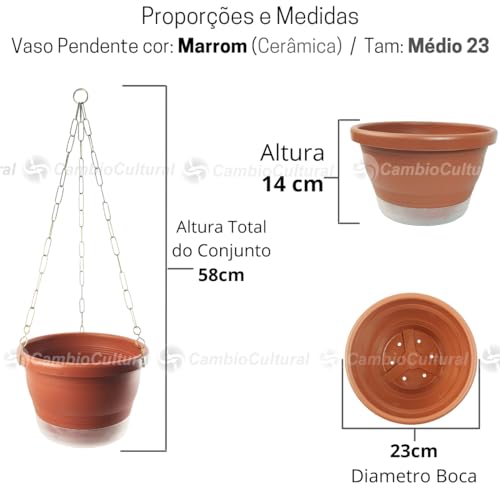 03 Vasos de Plantas Médio Cuias N23 com Pratinhos Correntes Ganchos e Mantas de Drenagem Cor:Marrom