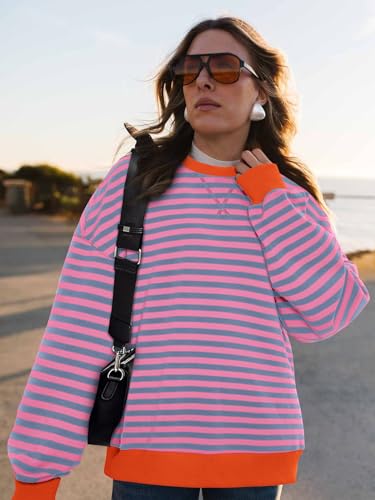Image of PRETTYGARDEN Womens Striped Oversized Sweatshirt Color Block Crew Neck Long Sleeve Casual Loose Pullover Top Y2K Clothes