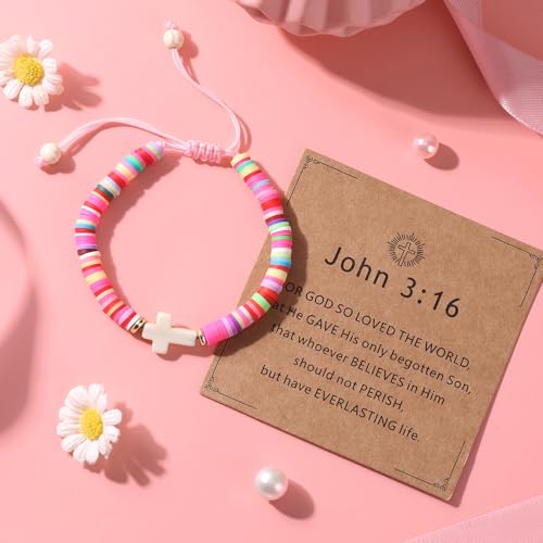 Image of Adjustable Colorful Cross Bracelet Gift Box Set for Girls | White cross, scripture card for baptism first communion confirmation Easter Christmas birthday