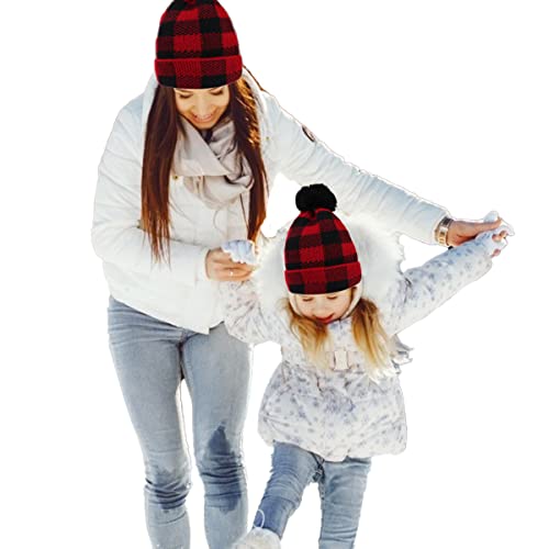 Parent- Child Hat Warmer, Christmas Mother Baby Daughter Son Plaid Hat Winter Knit Hat Crochet Beanie Ski Cap (Kid)
