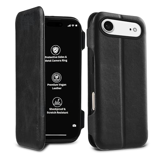 Image of PULOKA Premium Leather Flip Cover Compatible with iPhone 17 AIR - Slim Magnetic Lock Wallet Case with Card Slot, Shockproof TPU Inner, Full Body Protection & Raised Camera Guard (Black)