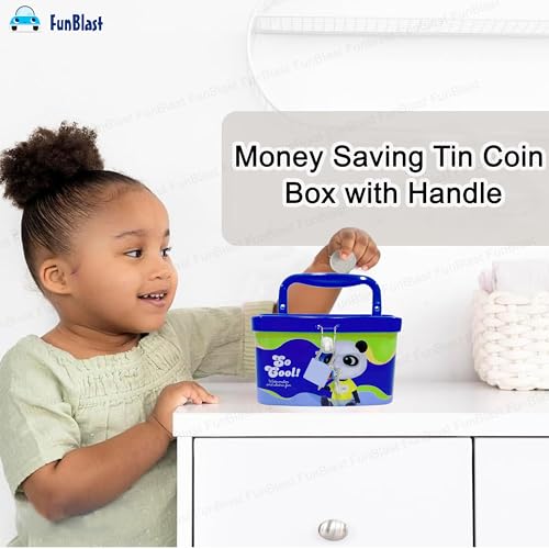 Image of FunBlast Money Saving Tin Coin Bank with Handle, Lock and Key, Piggy Bank for Kids, Gullak for Kid, Birthday Return for Boys & Girls, Money Bank, Coin Box for Kid (C-Multicolor)