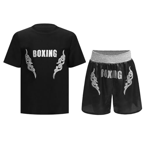 Miutii Kinder Jungen Trainingsanzug Boxing Kleidung Muay Thai Short Kickboxen Kurze Hose + T-Shirt Thai MMA Kampfsport Training Sport Set B Schwarz Silber 158-164