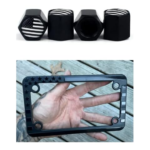 Tactilian Patriotic Auto Accessories Bundle - American Flag Tire Valve Stem Caps with USA Flag Motorcycle License Plate Frame Cover