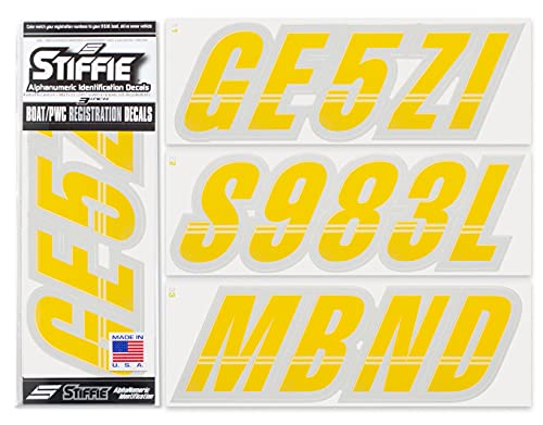 Image of STIFFIE Techtron Yellow /Silver 3 inch Boat & PWC Registration Decals • Numbers Letters Stickers