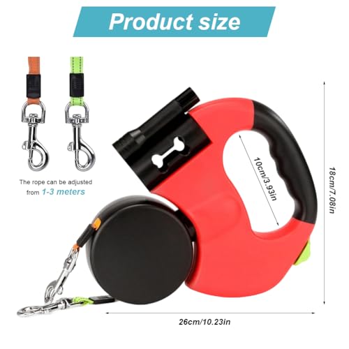 CRWEOM Hundeleine Doppelleine für 2 Hunde – Einziehbare Rollleine mit 360° Drehfunktion, LED-Beleuchtung & Reflektierendem Nylon | Ergonomischer Griff, Rot