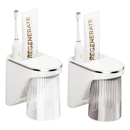 2 Stück Zahnbürstenhalter Wand Zahnputzbecherhalter Ohne Bohren Mit Magnetischem Bechern & Aufbewahrungsbox Zahnbürstenhalter Wand Zahnputzbecher Kinder Toothbrush Holder für Familien Bathroom