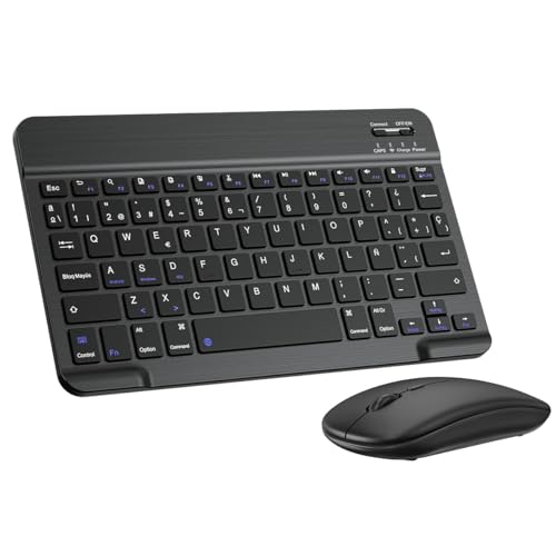Cimetech Teclado y Ratón Inalámbrico Bluetooth, Teclado ergonómico Ultrafino con batería Recargable integrada para iOS, Mac, iPad, Windows y Sistemas operativos Android 3.0, Español QWERTY, Negro