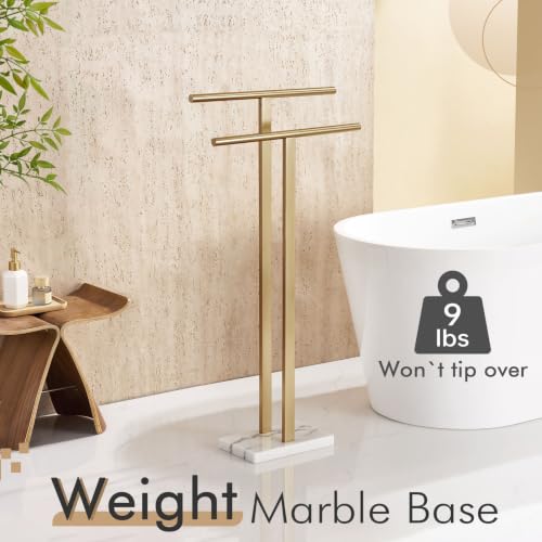 Image of KOKOSIRI Standing Towel Rack for Bathroom Floor 2-Tier Towel Holder Free Stand with Heavy Marble Base Thicken Steady Champagne Bronze Stainless Steel THS0005-CPG