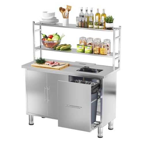 Image of Stainless Steel Prep Table with Trash Bin Cabinet, 48 inchx20 inch Commercial Kitchen Worktable with Adjustable Shelves, Storage Cabinet, Food Prep Station for Restaurant, Home and Garage