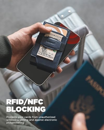 VULKIT Pop up Card Wallet with Money Strap Leather Front Pocket Card Holder with ID Window RFID Blocking Business Card Case for Men (Navy)4