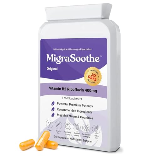 MigraSoothe Original Vitamin B2 Riboflavin 400mg Capsules for Adults - High Strength Daily Supplement for Migraine Wellness Routine and Energy Metabolism - Vegan Made in UK 30 Capsules