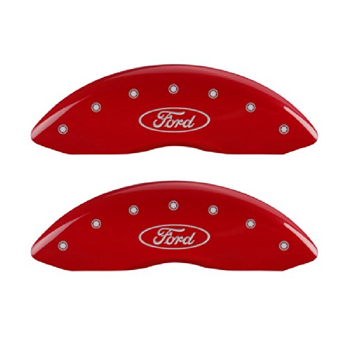 Image of MGP Caliper Covers 10120SFRDRD Red Brake Covers Engraved with Silver Ford Oval (Set of 4)