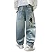 Nivne Tco Boys Baggy Jeans, Y2K Pants with Cartoon Embroidery - Fashion Loose Fit Casual Pants with Pockets for Kids. (US, Age, 12 Years, Blue)