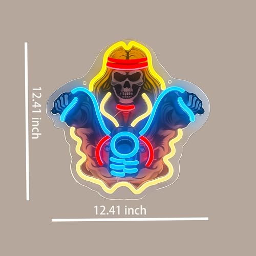 Image of Biker Skull Neon Sign For Wall Decor, Colorful UV Printed Neon Light with Retro Design, LED Artwork for Bar, Bedroom, Game Room, Party Decoration Holiday Birthday Gifts