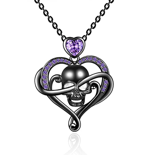 Hxillery Gothic Black Skull Necklace 925 Sterling Silver Retro Vintage Pendant Necklace Heart Love Purple Crystal Zircon Heart Crystal Punk Pendants Halloween Christmas Day Mother's Day Wedding Valentine's Anniversary Women's Girlfriend Birthday Jewelry Gift #TOP19