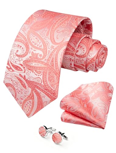 Image of HISDERN Ties for Men Paisley Tie and Pocket Square Cufflinks Set Formal Classic Floral Necktie Handkerchief Wedding Party