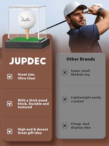 Image of JupDec Golf Ball Display Case Clear Acrylic Memorabilia Stand Cube Holder with Wood Base & Tee, Dust Protection Transparent Storage Box for Single Ball Souvenir Golfball Collections, Black, 1 Pack