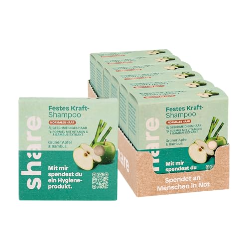 share Festes Shampoo Grüner Apfel & Bambus (6 x 60g) – Vegane feste Haarseife – Stärkung & Volumen – Ohne Silikone, Parabene & Mikroplastik – Spendet Hygieneprodukte