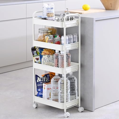 山善(YAMAZEN) キッチンワゴン キャスター付き 4段 キッチン 収納 耐荷重28kg 幅43×奥行26×高さ95cm 隙間収納 ワゴン 組立かんたん マットホワイト LBW-4F(MWH)