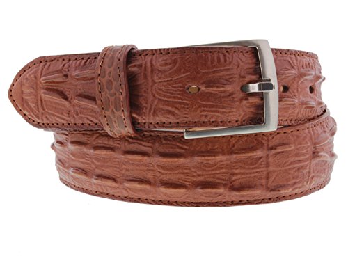 El Presidente Mens Cognac Cowboy Belt Crocodile Tail Print Leather Belt Silver Buckle