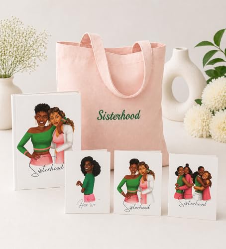 Image of Sisterhood Tote Bag, Journal and Stationery Gift Set, 6x9 inch Lined Journal, 3 Greeting Cards, Embroidered Canvas Tote, Gift Pack for Friends and Sisters (Pink+Green)