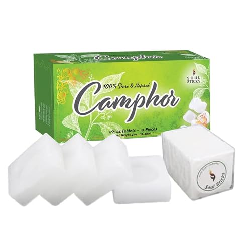 Soul Sticks Camphor Tablets | Premium Quality Refined Camphor Blocks 100% Natural for Aromatherapy, Odor Eliminator, Puja, Alcanfor | 12 Tablets (56 Gram)