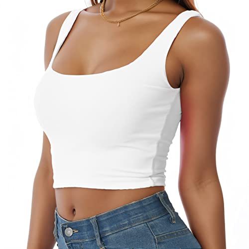 Artrello Square Neck Tank Tops For Women Double Lined Seamless Sleeveless Basic Cropped Tanks(White,Medium) #TOP25