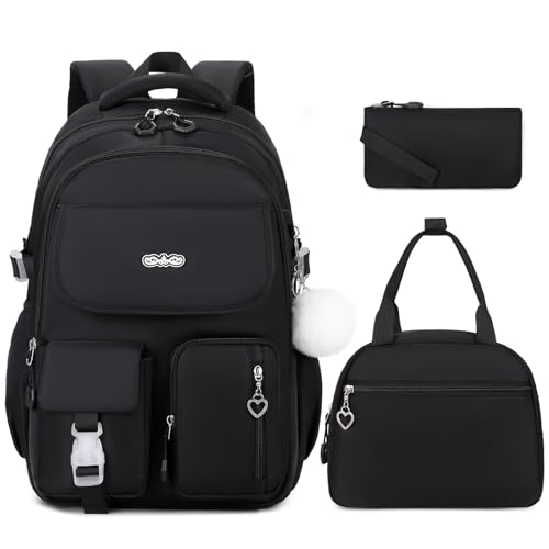 DIGOBAY Backpacks for Girls, 3PCS School Backpack with Lunch Box Pencil Pouch for Teen Girls Kids Elementary Primary Middle High College Travel School bag Bookbag Set （Black）