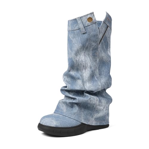 Kalstage Womens Denim Mid Calf Boots Fold Over Slouchy Platform Wedge Booties Vintage Y2k Shark Blue Jean Boots