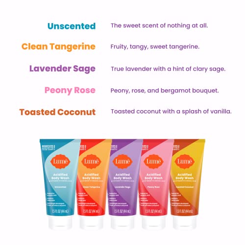 image for Lume Acidified Body Wash 5 Pack Minis - 24 Hour Odor Control - Moistur