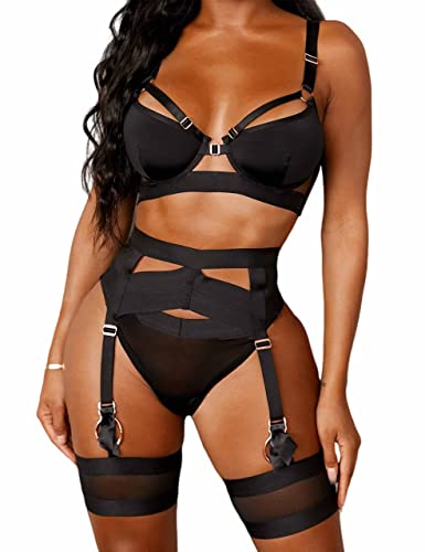 Aranmei Damen Sexy Dessous Set mit Strumpfgürtel, 4 Teilig Gothic Strapsen...