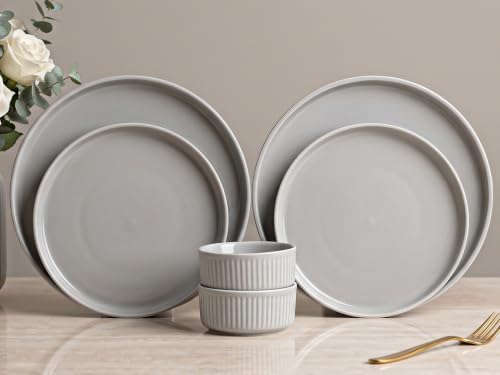 Image of Bodhi House 6-Piece Ribbed Porcelain Dinner Set for 2 with 2 Dinner Plates | 2 Quarter Plates & 2 Katori, Microwave & Dishwasher Safe, Chip Resistant Crockery Set for Home, Dining & Gifting, Pearl Grey