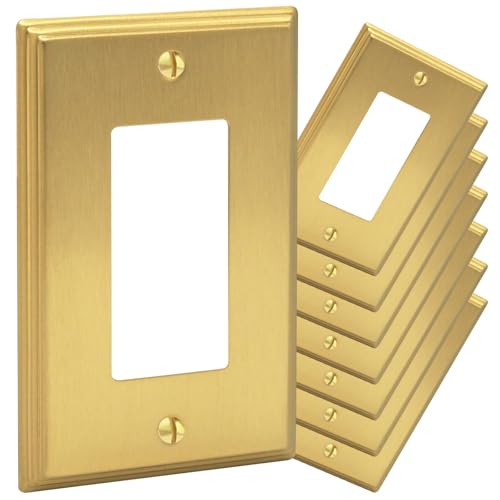 Rio Salto MIDSIZE BRASS Light Switch Plate Outlet Covers Wall Plate – Deco Collection 1-Gang Rocker – Solid Brass Brushed Gold Decorative Home Decor Premium Outlet Cover – 8 Pack – 4.94" x 3.13"