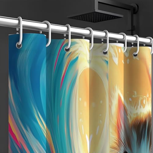 Rideau de douche vagues et chaton mignon en polyester imperméable 180x200cm