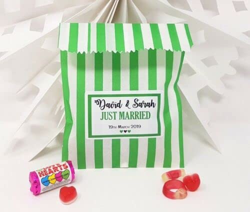 Treasured Forever Personalised Wedding Favour Sweet Bags Birthday Candy Cart Striped Polka Dots | Green Strips - Just Married | 100
